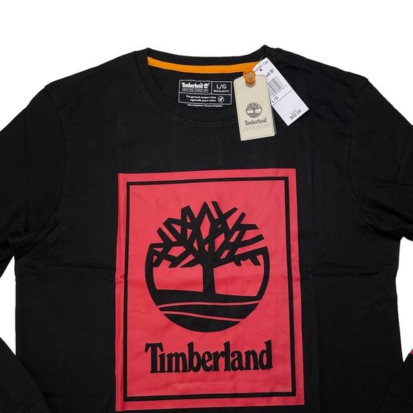 Timberland Cotton Black/Red Long Sleeve Stack Logo Regular Fit Mens Tee - Picture 2 of 9